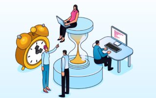 a group of people sitting on a hourglass with a clock